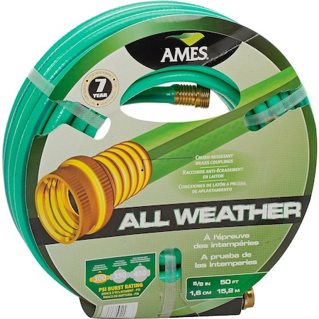 Ames 5/8 in ID x 50 ft L Garden Hose, PVC Tube, Medium-Duty PVC Fitting 4007800A